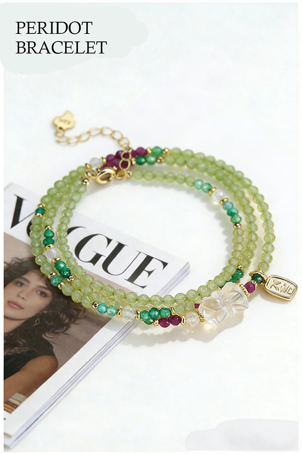 Natural Peridot Crystal Three-strand Beaded Bracelet