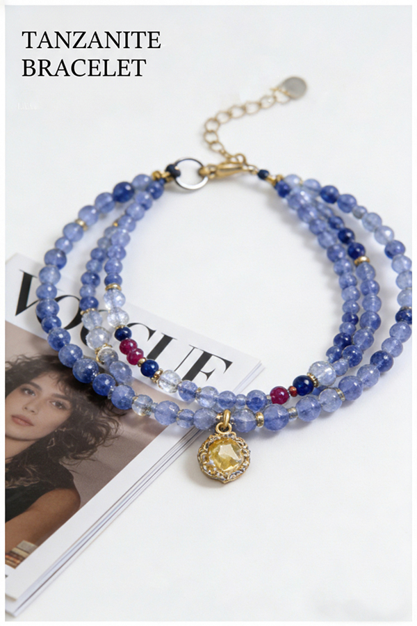 Natural Tanzanite Round Bead Multi-layered Bracelet