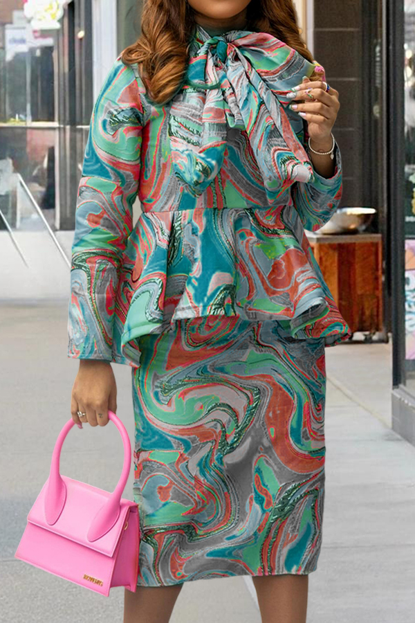 Elegant Watercolor Print Bow Tie Skirt Set