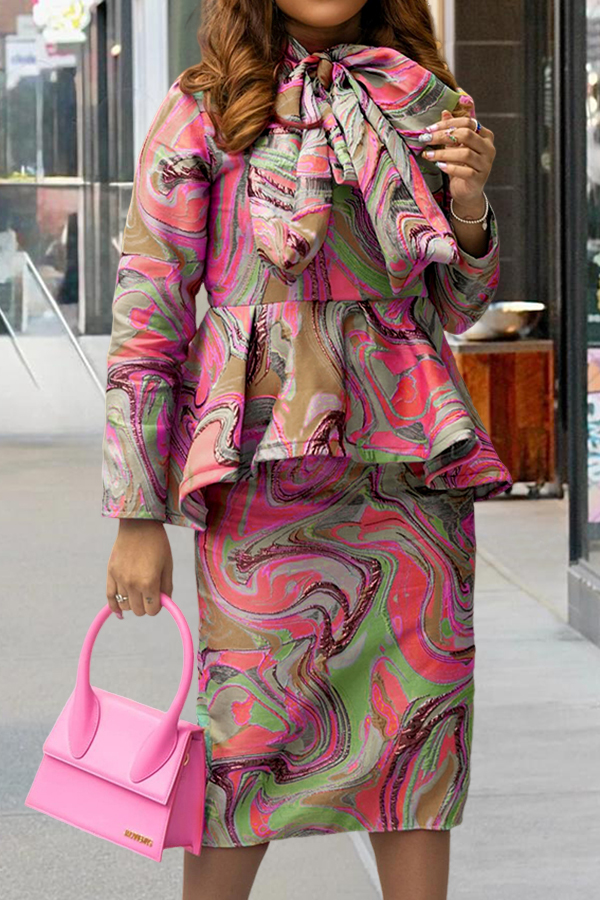 Elegant Watercolor Print Bow Tie Skirt Set