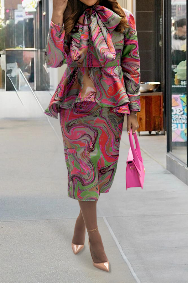 Elegant Watercolor Print Bow Tie Skirt Set