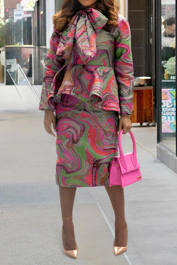 Elegant Watercolor Print Bow Tie Skirt Set