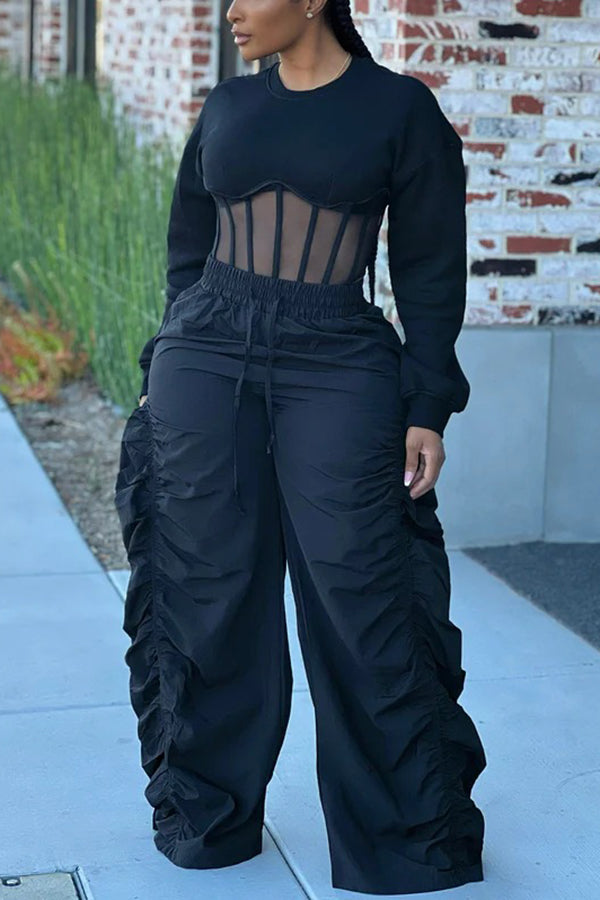 Casual Corset Hem Cropped Sweatshirt & Ruched Pants