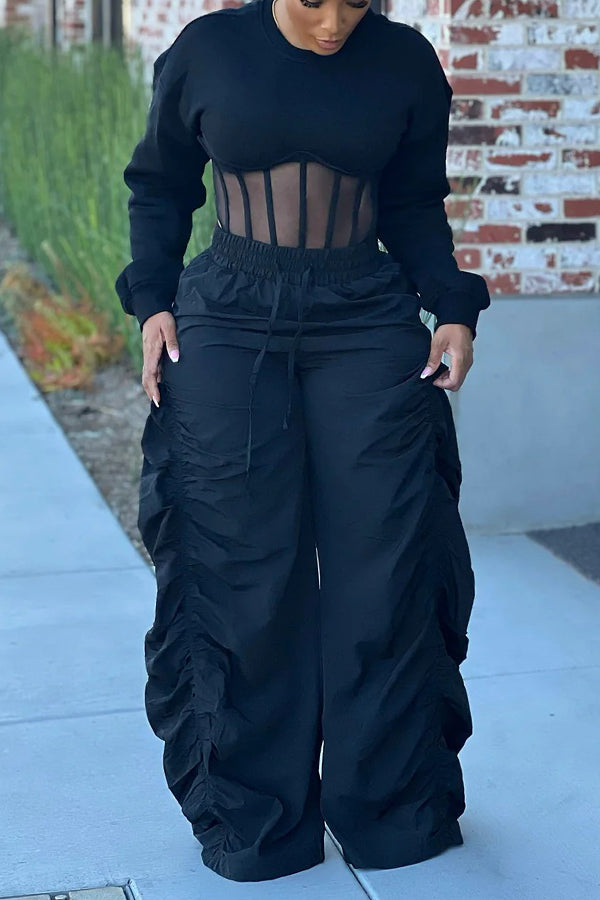 Casual Corset Hem Cropped Sweatshirt & Ruched Pants