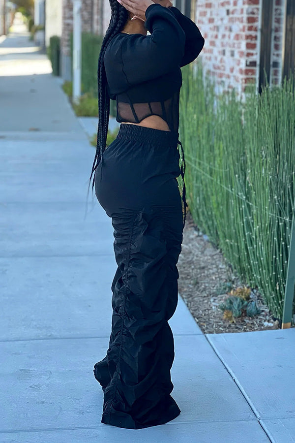 Casual Corset Hem Cropped Sweatshirt & Ruched Pants