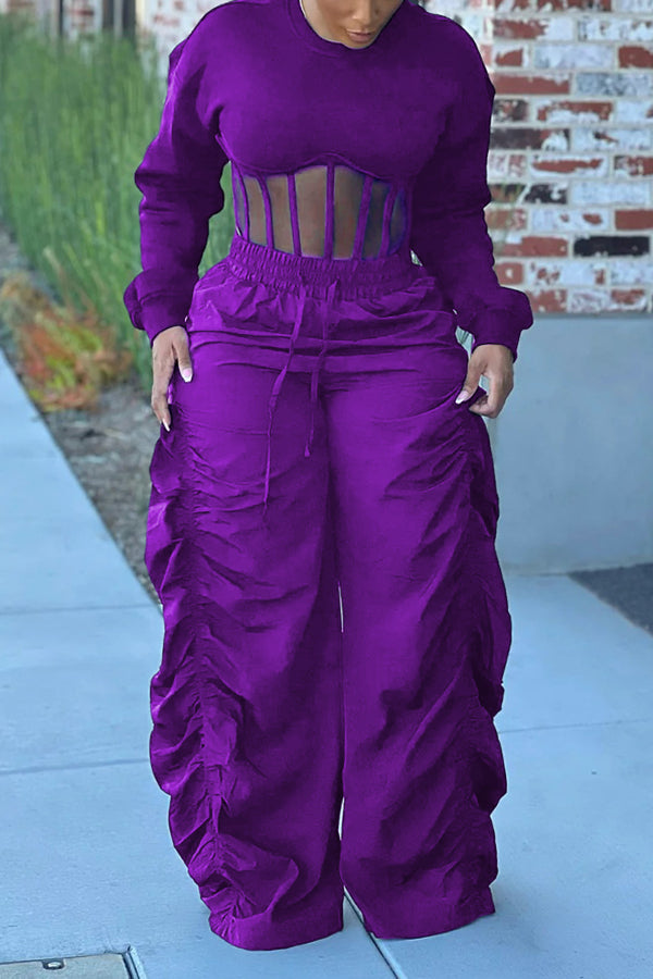 Casual Corset Hem Cropped Sweatshirt & Ruched Pants