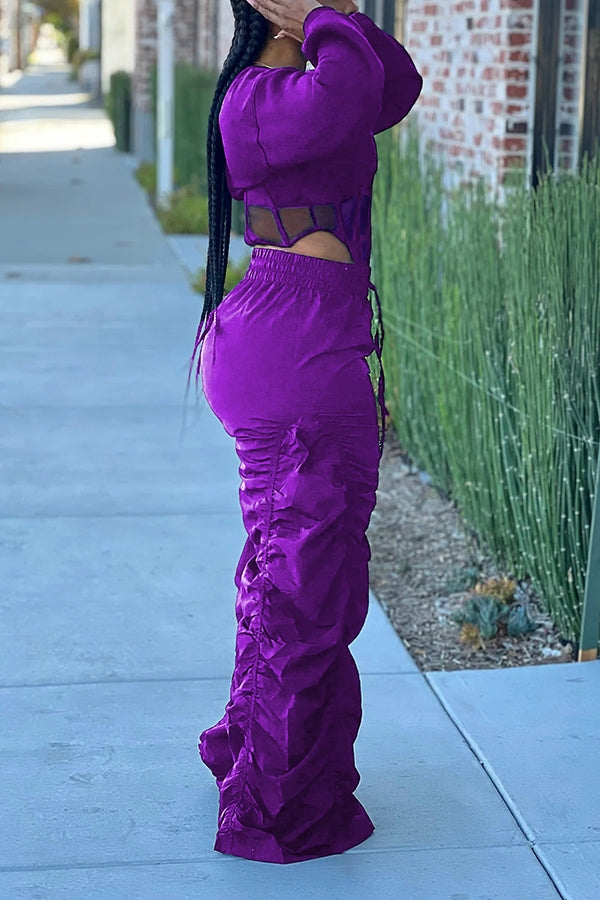 Casual Corset Hem Cropped Sweatshirt & Ruched Pants