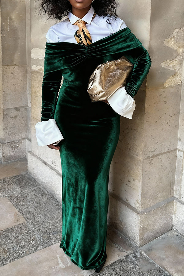 Stylish Solid Shirt & Off Shoulder Collar Velvet Maxi Dress