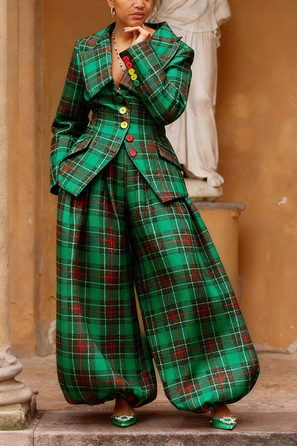 Stylish Colourful Lapel Collar Plaid Blazer Set