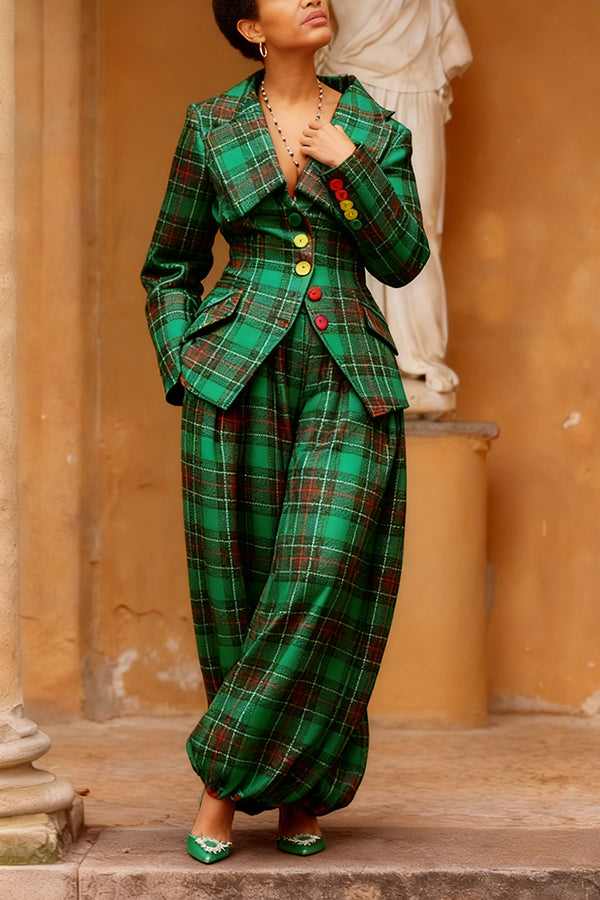 Stylish Colourful Lapel Collar Plaid Blazer Set