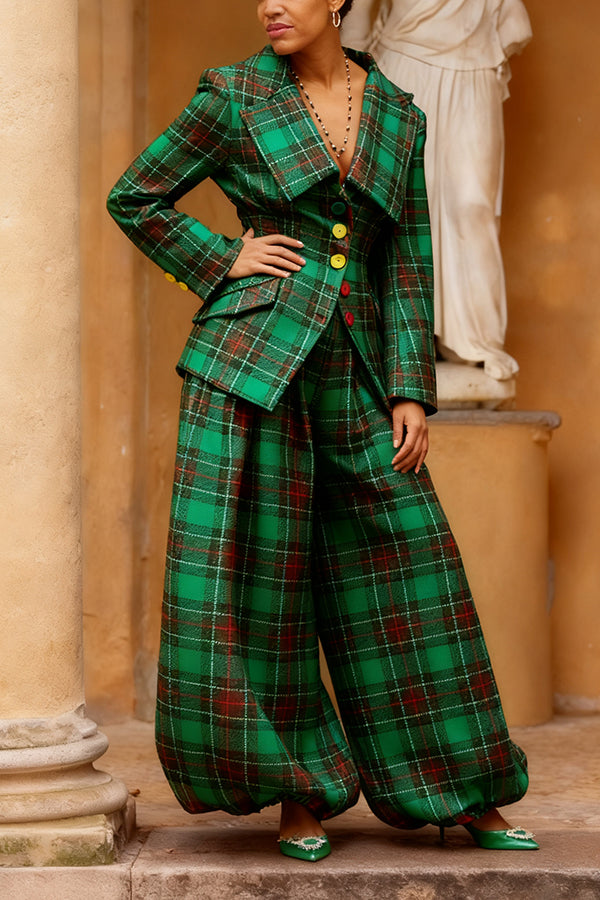 Stylish Colourful Lapel Collar Plaid Blazer Set
