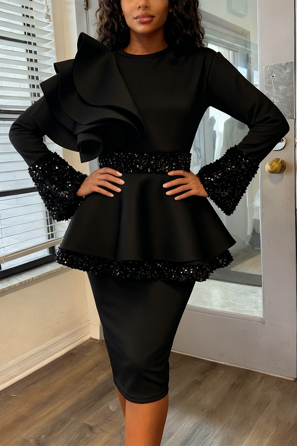 Stylish Multi-Layered Ruffle Sequin Trim Dress