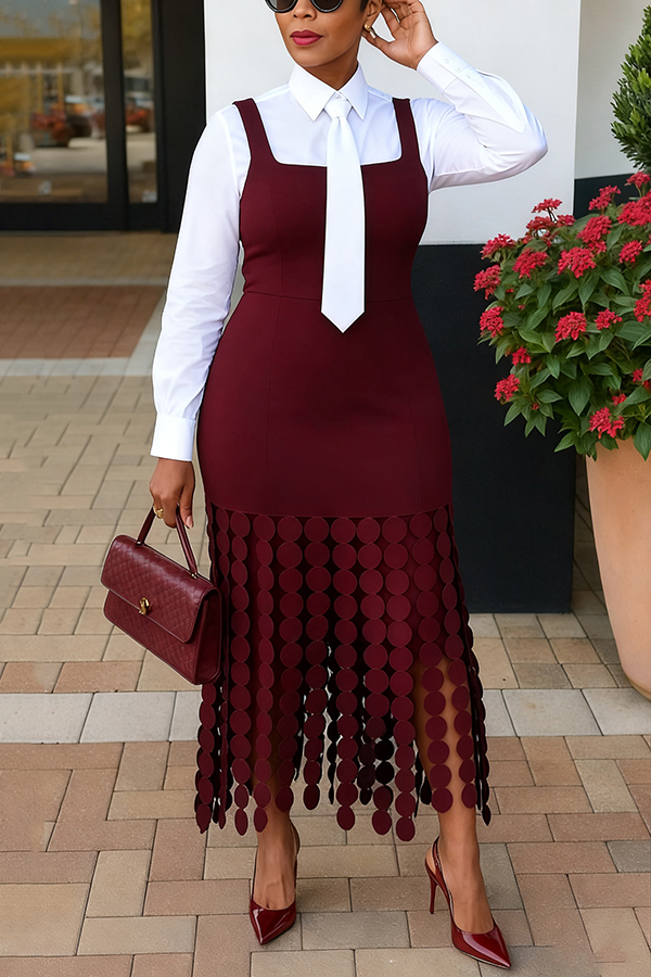 Stylish Solid Shirt & Fringed Vest Dress Set