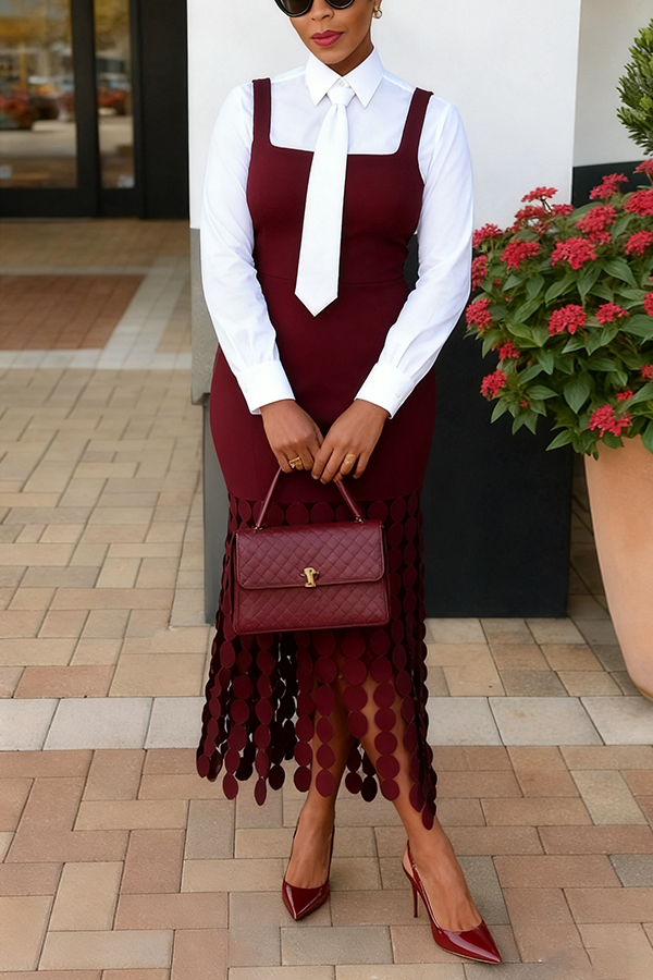 Stylish Solid Shirt & Fringed Vest Dress Set