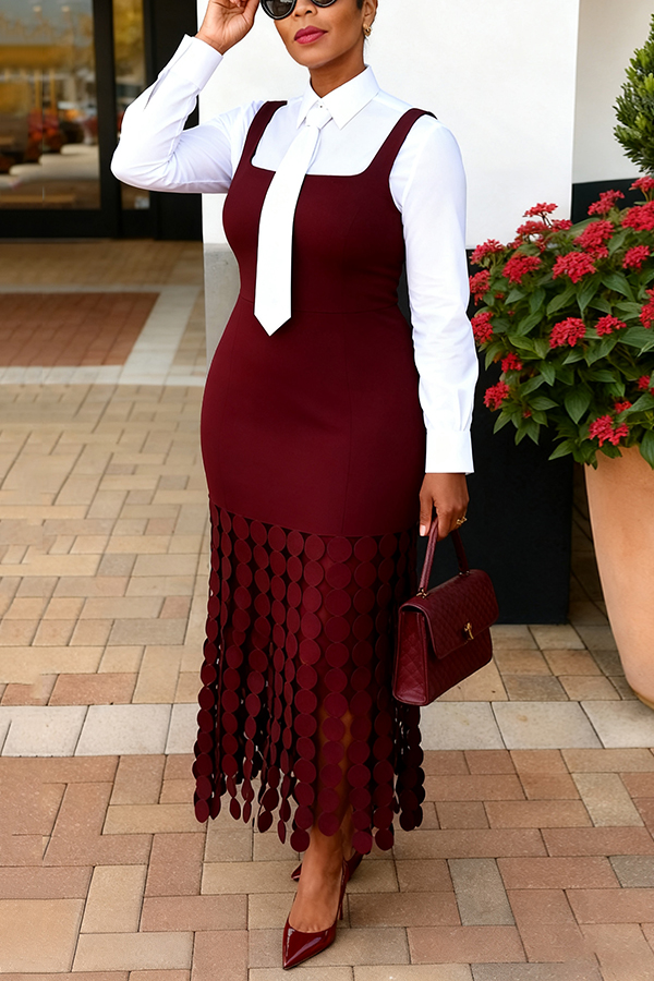 Stylish Solid Shirt & Fringed Vest Dress Set