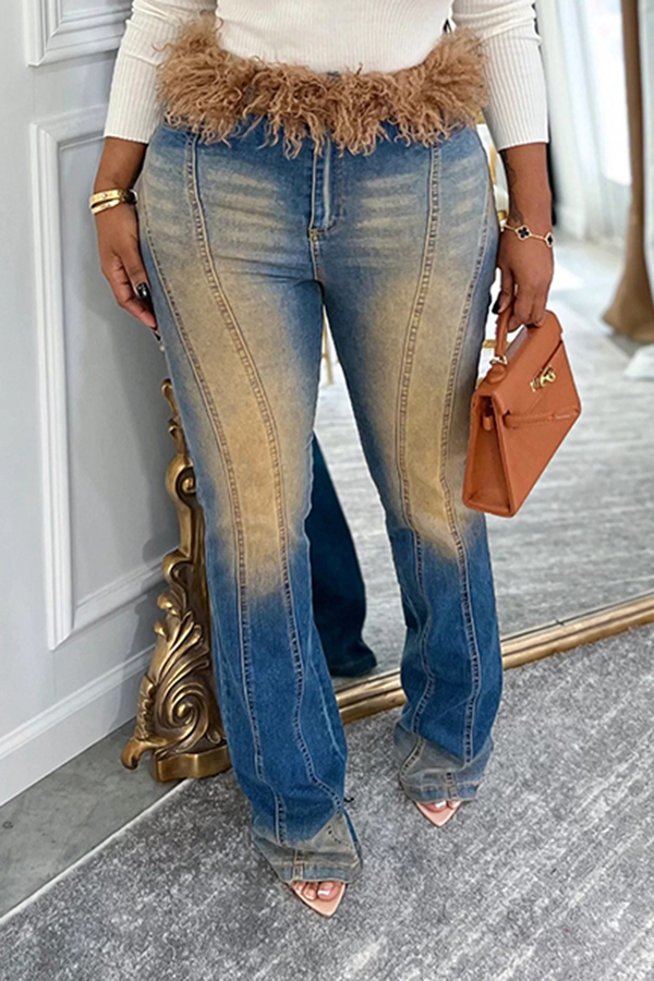 Stylish Washed Feather Trimmed Jeans