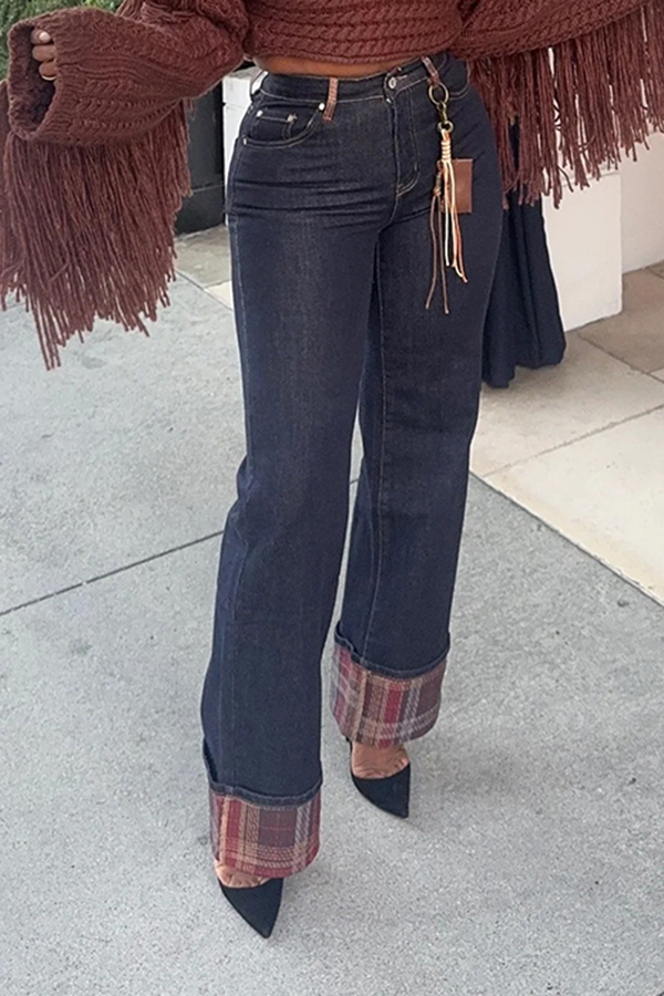 Stylish Plaid Patch Straight Leg Jeans