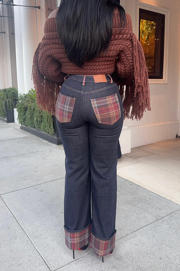 Stylish Plaid Patch Straight Leg Jeans