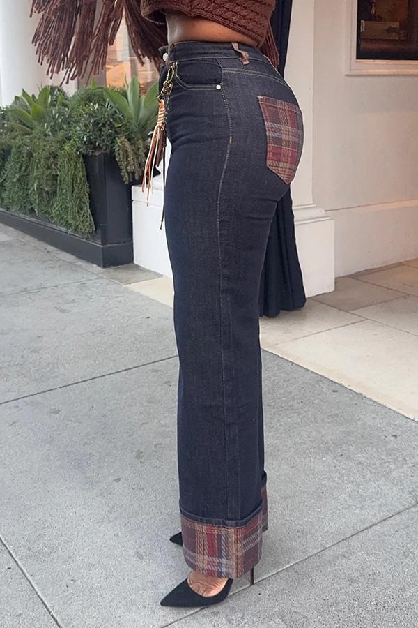 Stylish Plaid Patch Straight Leg Jeans