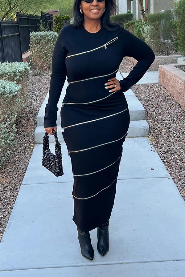 Chic Multi Zipper Ribbed Knit Dress