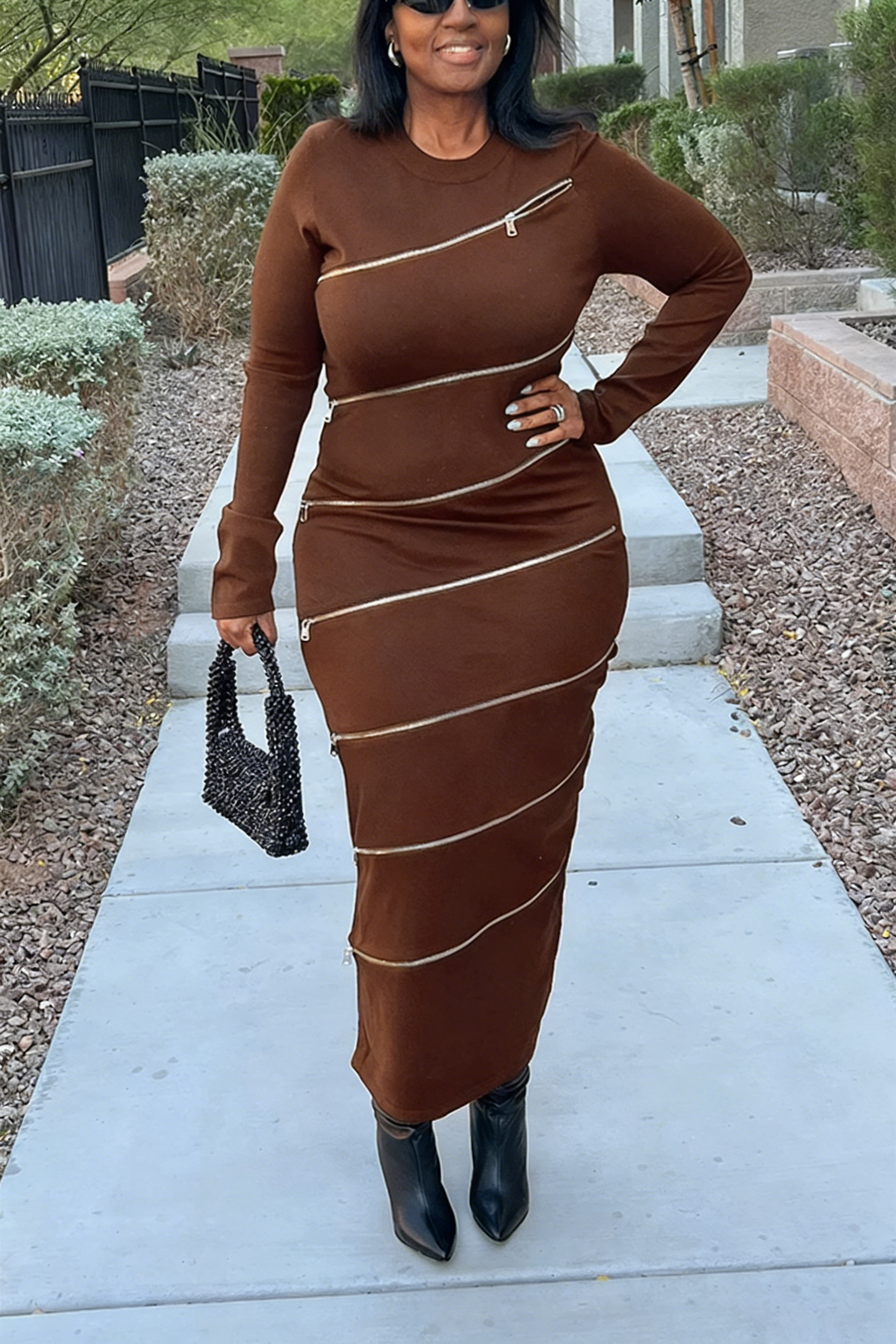 Chic Multi Zipper Ribbed Knit Dress