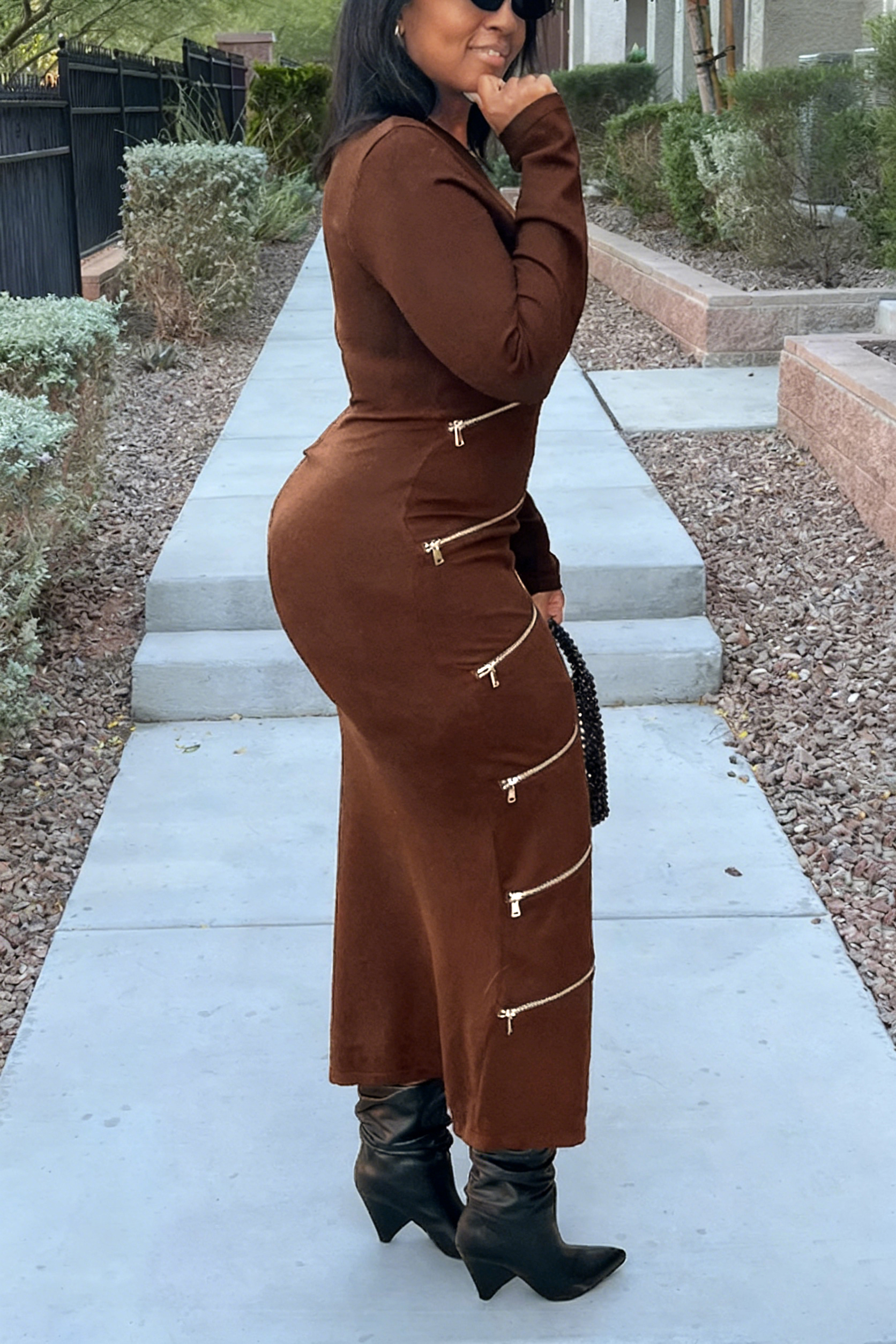 Chic Multi Zipper Ribbed Knit Dress