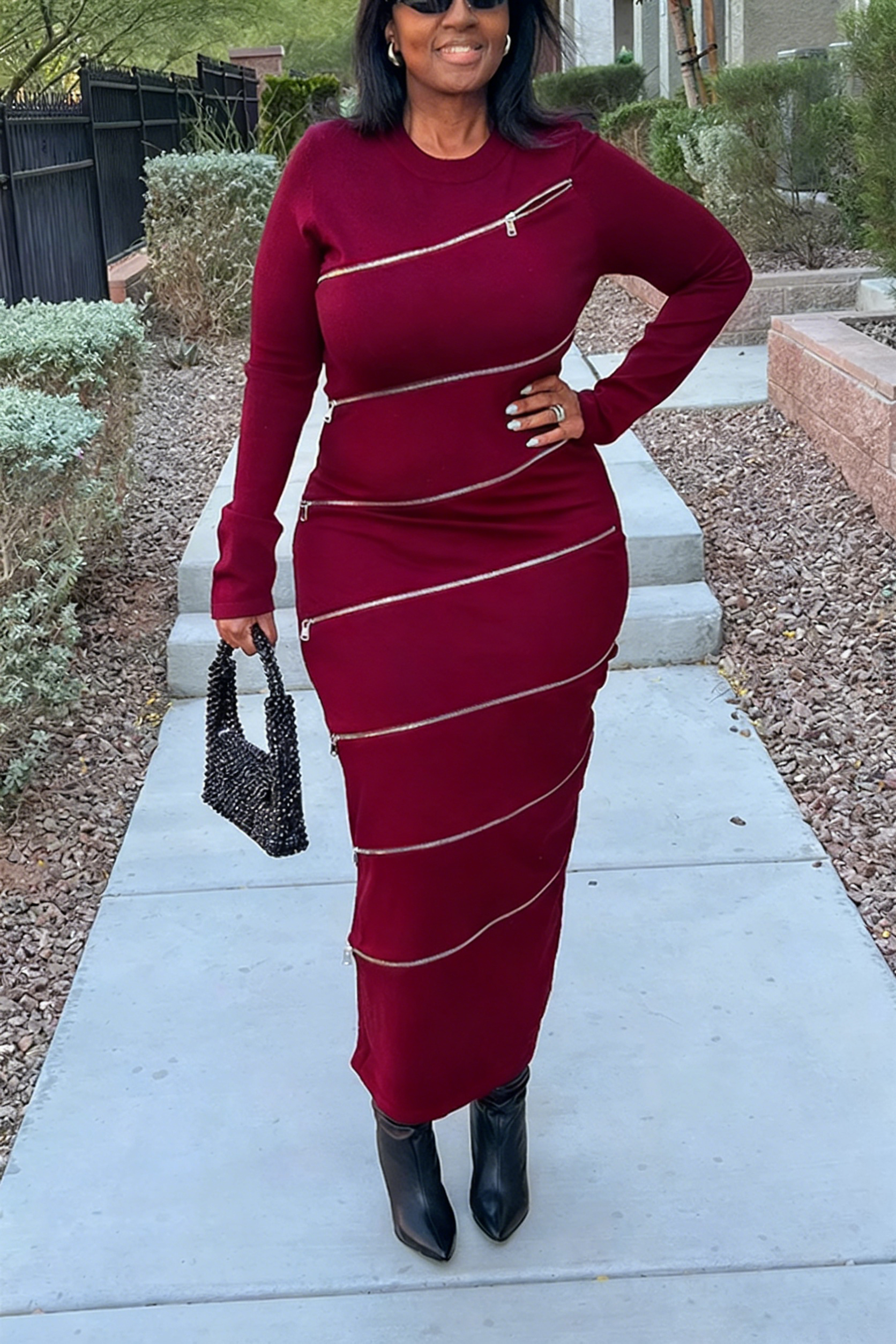 Chic Multi Zipper Ribbed Knit Dress