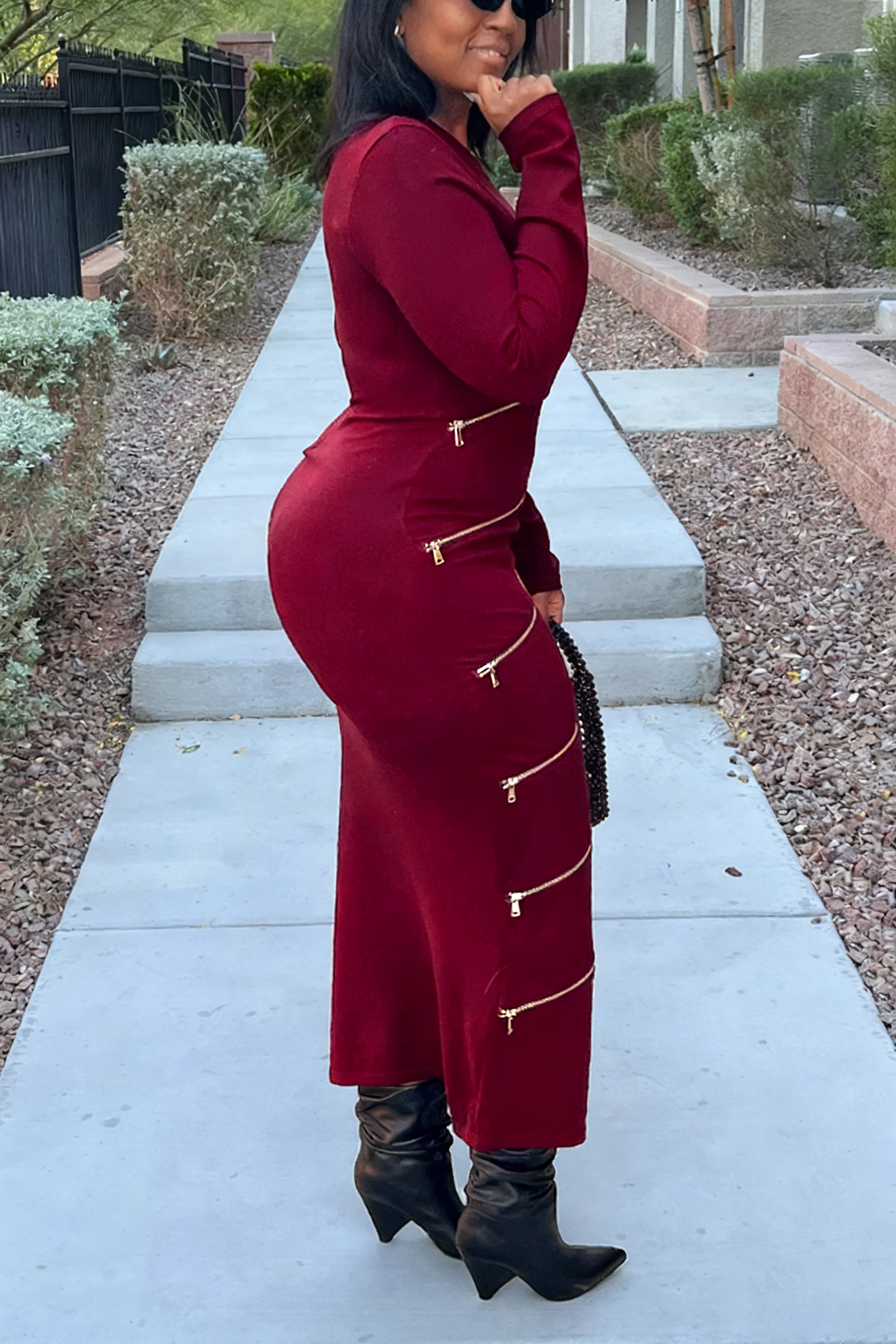 Chic Multi Zipper Ribbed Knit Dress