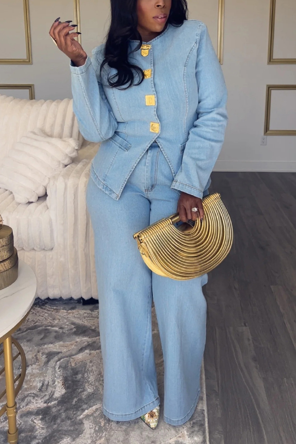Stylish Metal Button Denim Jacket & Jeans Set