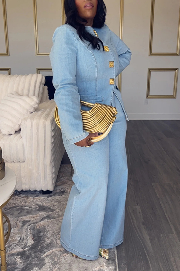 Stylish Metal Button Denim Jacket & Jeans Set