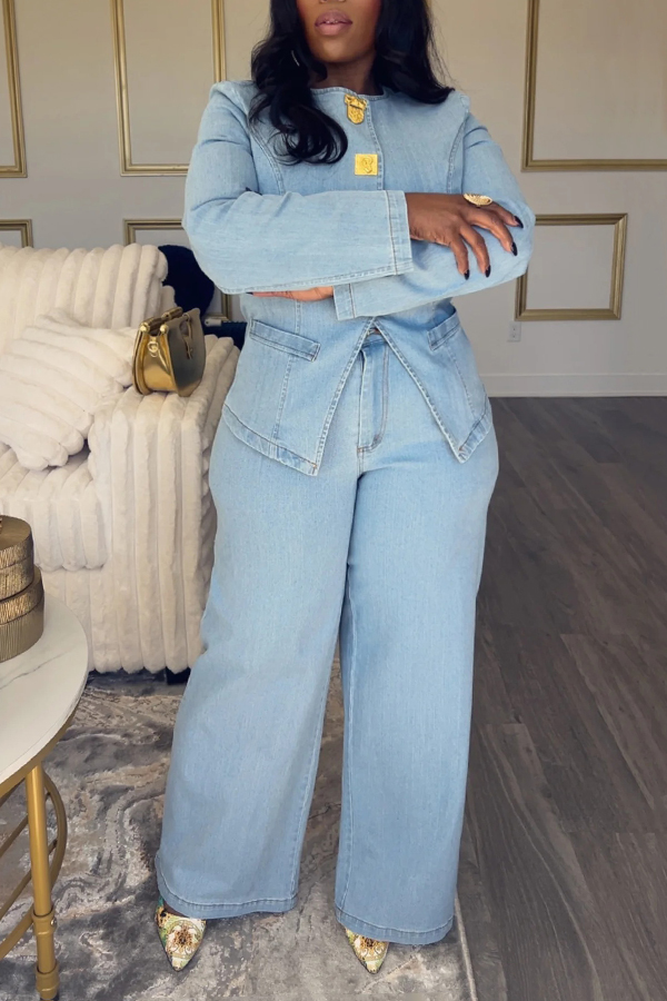 Stylish Metal Button Denim Jacket & Jeans Set