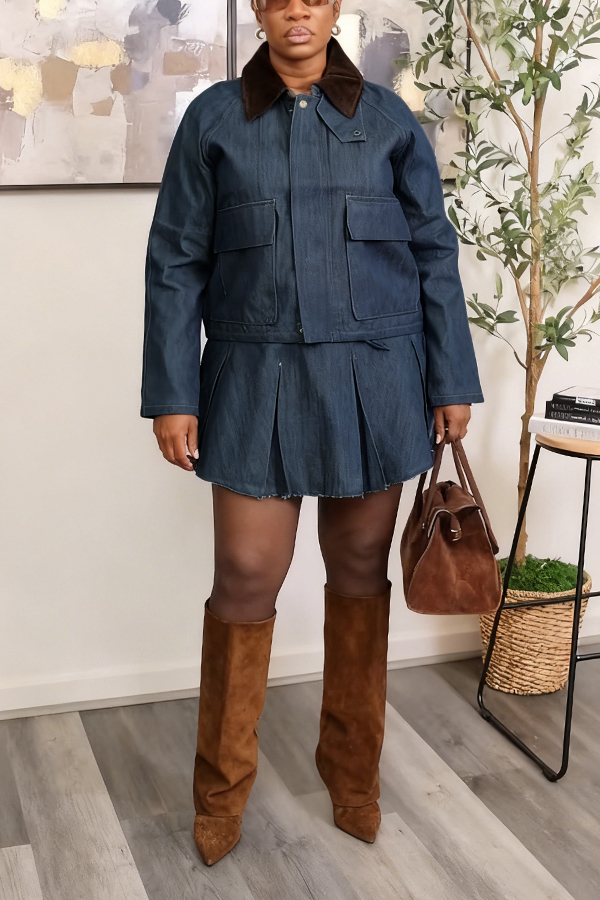 Stylish Denim Collared Jacket & Pleated Skirt Set