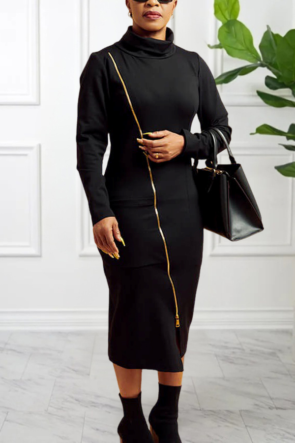 Stylish High Neck Zipper Knit Bodycon Dress