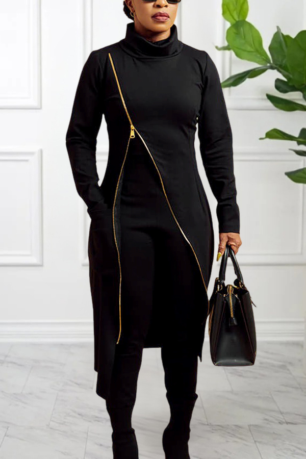 Stylish High Neck Zipper Knit Bodycon Dress