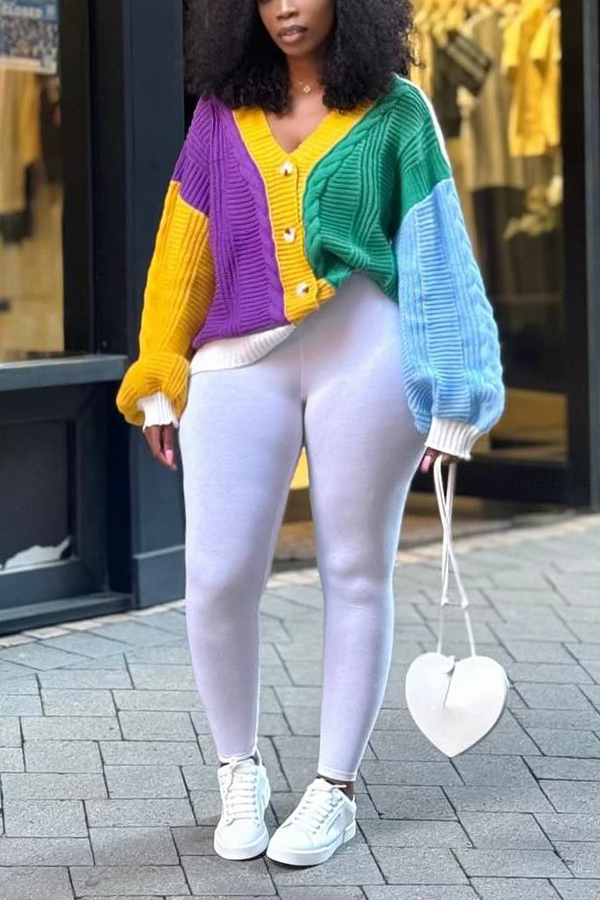 Stylish Colorblock Button Down Knit Cardigan