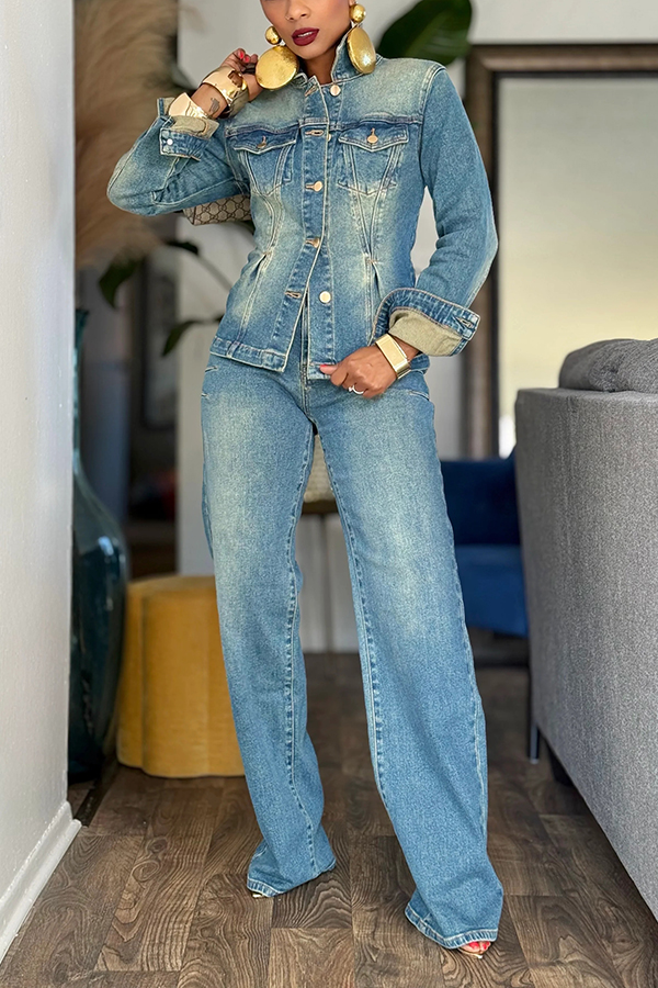 Stylish Pockets Denim Jacket & Pants Set