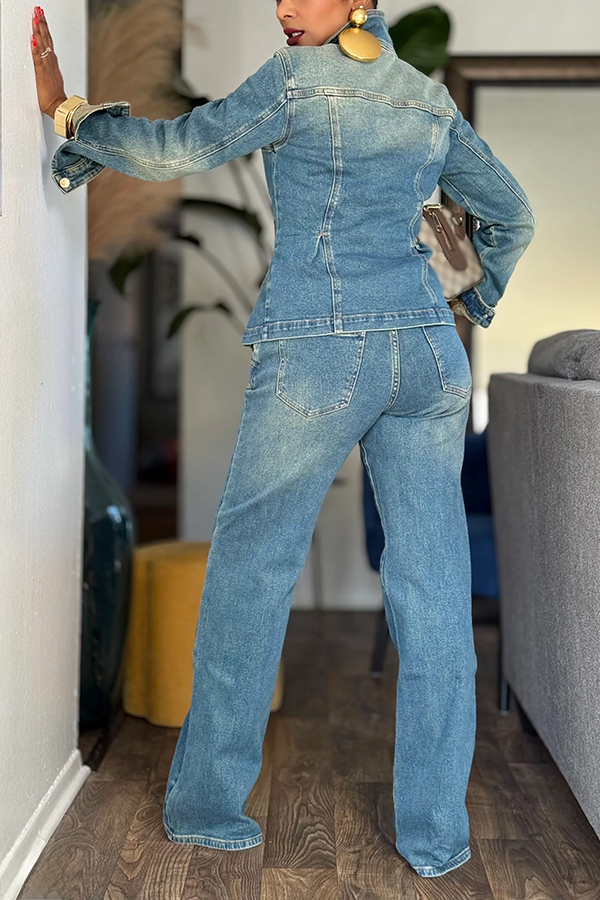 Stylish Pockets Denim Jacket & Pants Set