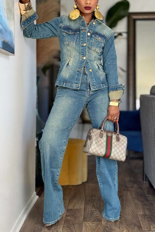 Stylish Pockets Denim Jacket & Pants Set