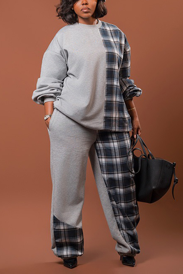 Casual Plaid Patchwork Top & Pants Set