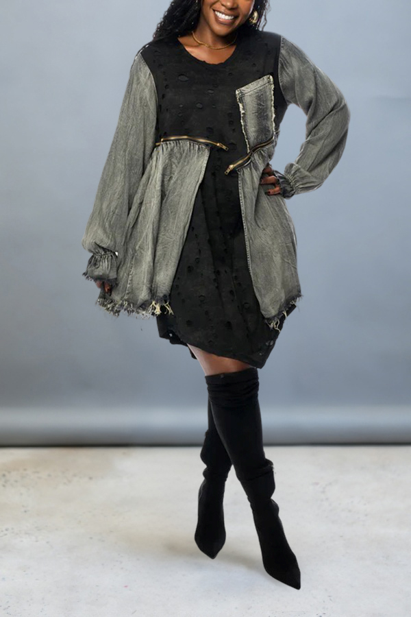Stylish Denim Patchwork Distressed Dress