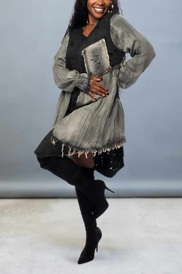 Stylish Denim Patchwork Distressed Dress