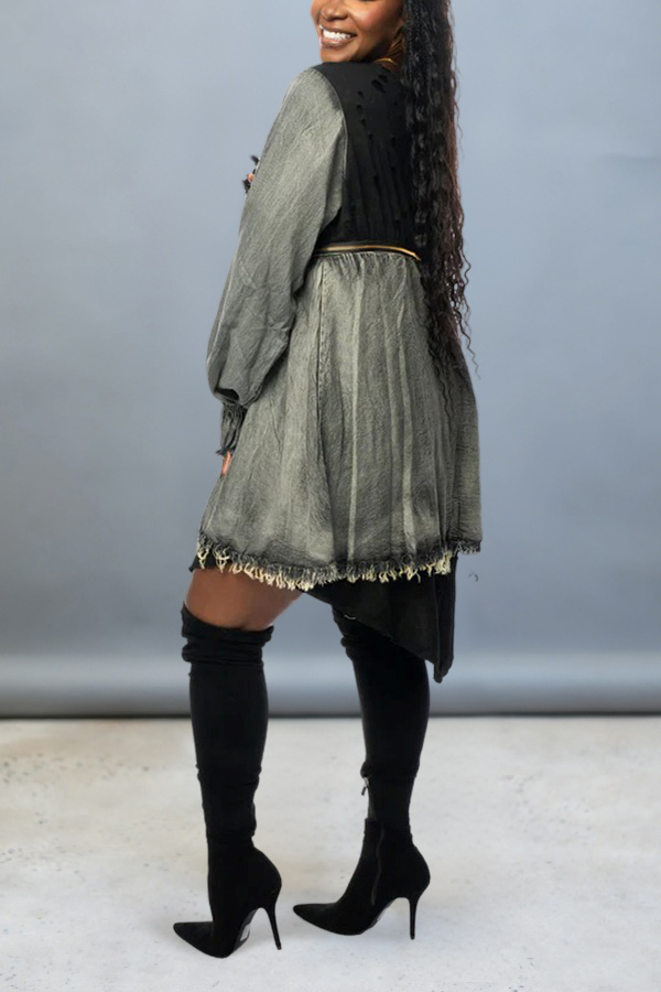 Stylish Denim Patchwork Distressed Dress