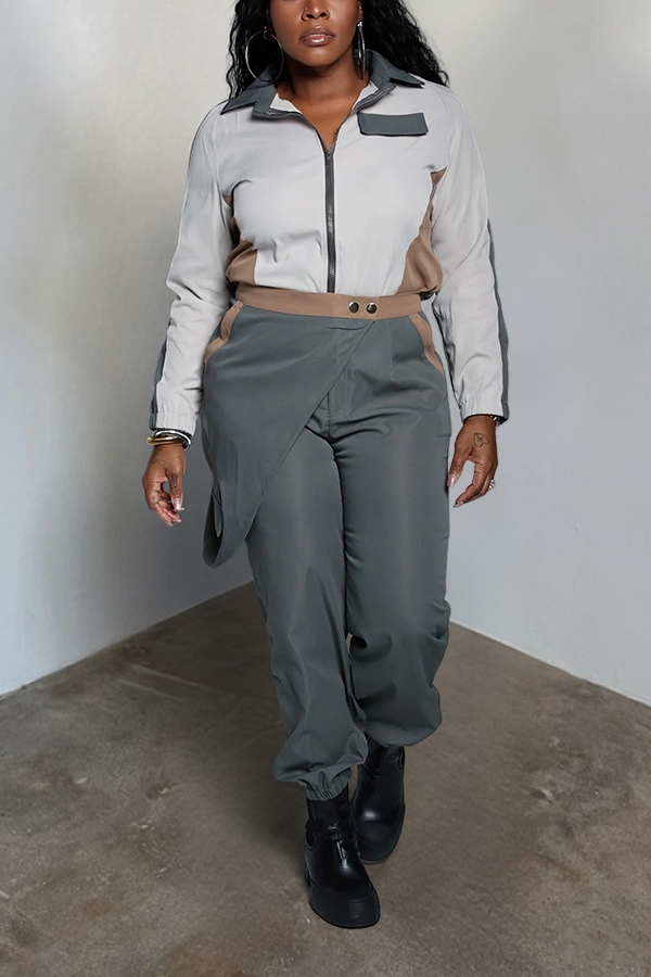 Stylish Colorblock Jacket & Asymmetrical Wrap Pants Set