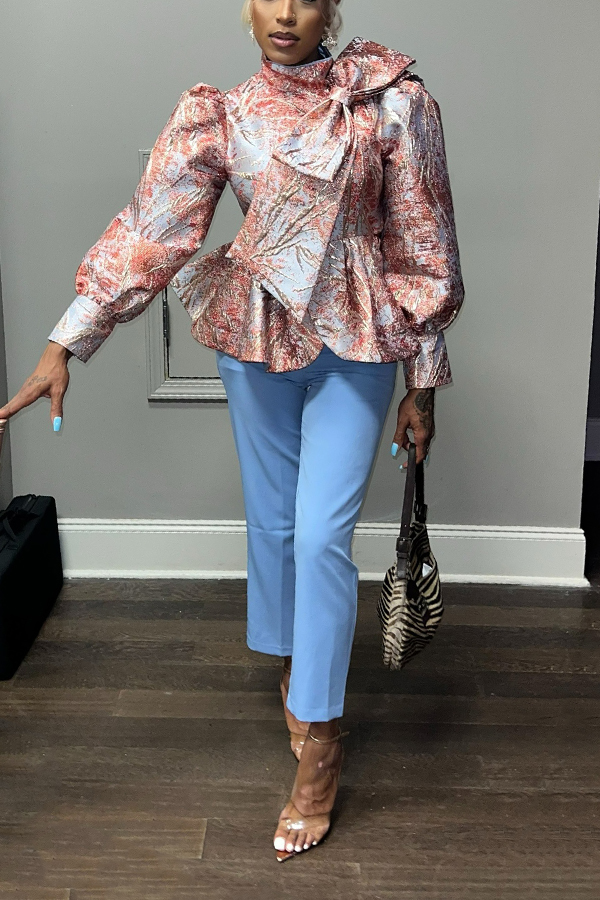 Elegant Bow Jacquard Top & Solid Trousers Set