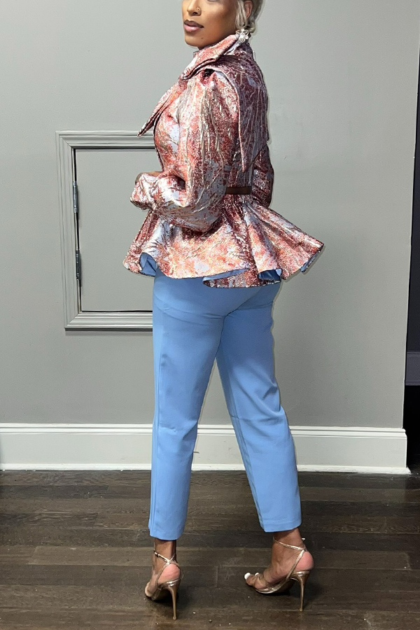 Elegant Bow Jacquard Top & Solid Trousers Set