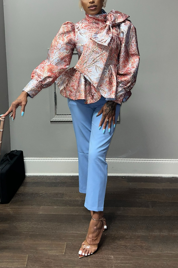 Elegant Bow Jacquard Top & Solid Trousers Set