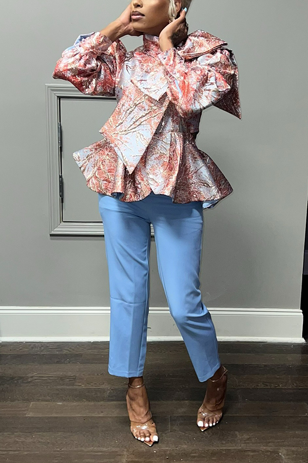 Elegant Bow Jacquard Top & Solid Trousers Set