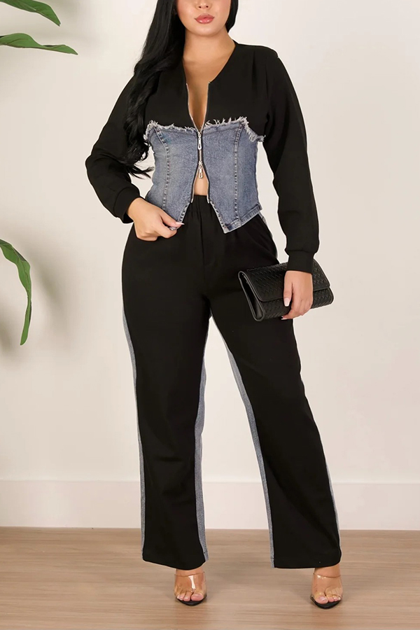 Chic Denim Splicing Top & Pants Set