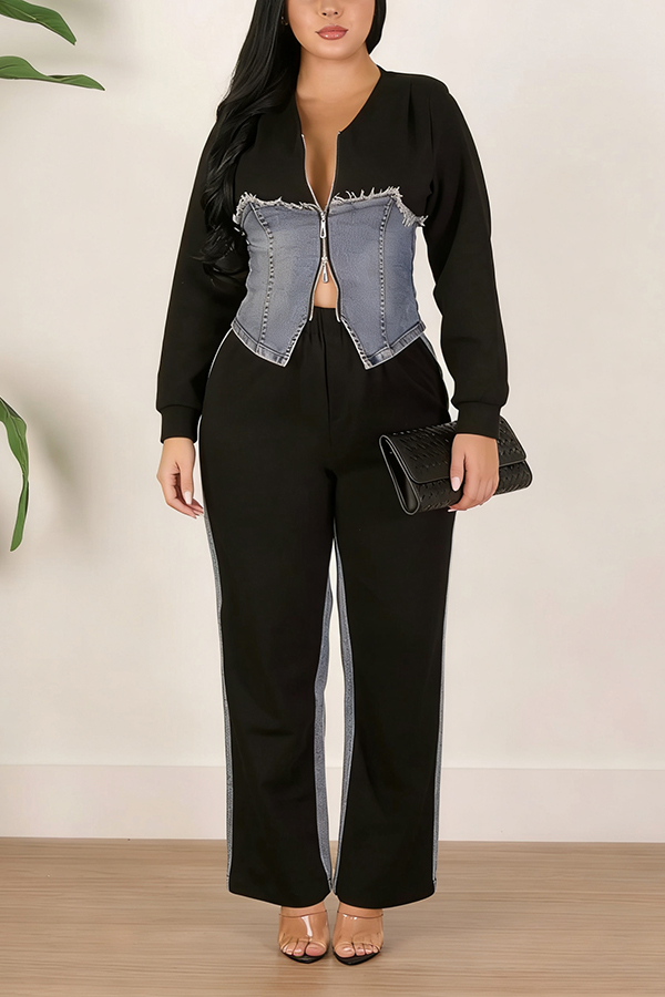 Chic Denim Splicing Top & Pants Set