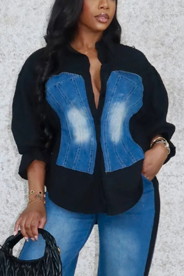 Stylish Denim Patchwork Colorblock Shirt